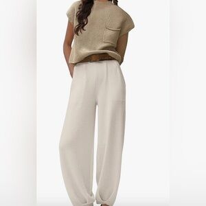 2 piece knit set. Camel colored knit top. Cream knit pants.